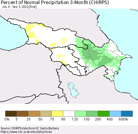 Azerbaijan, Armenia and Georgia Percent of Normal Precipitation 3-Month (CHIRPS) Thematic Map For 6/6/2022 - 9/5/2022