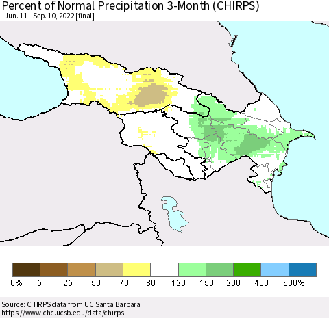 Azerbaijan, Armenia and Georgia Percent of Normal Precipitation 3-Month (CHIRPS) Thematic Map For 6/11/2022 - 9/10/2022
