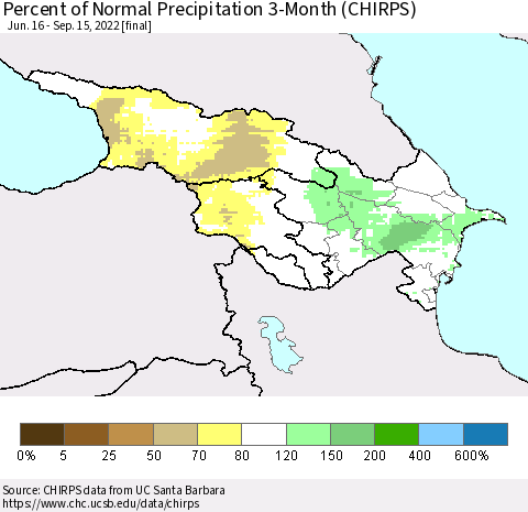 Azerbaijan, Armenia and Georgia Percent of Normal Precipitation 3-Month (CHIRPS) Thematic Map For 6/16/2022 - 9/15/2022