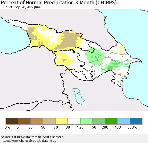 Azerbaijan, Armenia and Georgia Percent of Normal Precipitation 3-Month (CHIRPS) Thematic Map For 6/21/2022 - 9/20/2022