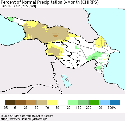 Azerbaijan, Armenia and Georgia Percent of Normal Precipitation 3-Month (CHIRPS) Thematic Map For 6/26/2022 - 9/25/2022