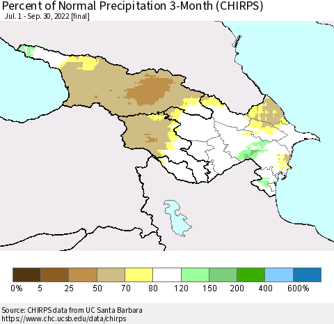 Azerbaijan, Armenia and Georgia Percent of Normal Precipitation 3-Month (CHIRPS) Thematic Map For 7/1/2022 - 9/30/2022