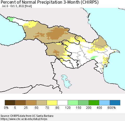 Azerbaijan, Armenia and Georgia Percent of Normal Precipitation 3-Month (CHIRPS) Thematic Map For 7/6/2022 - 10/5/2022