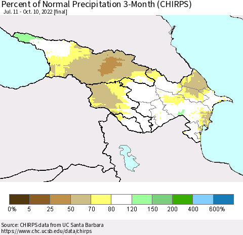 Azerbaijan, Armenia and Georgia Percent of Normal Precipitation 3-Month (CHIRPS) Thematic Map For 7/11/2022 - 10/10/2022