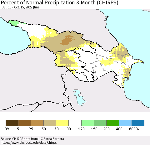 Azerbaijan, Armenia and Georgia Percent of Normal Precipitation 3-Month (CHIRPS) Thematic Map For 7/16/2022 - 10/15/2022