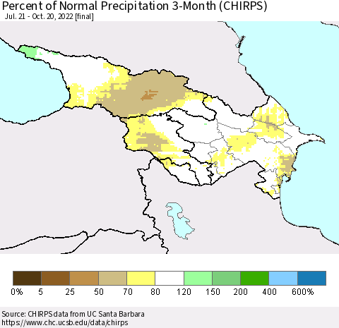 Azerbaijan, Armenia and Georgia Percent of Normal Precipitation 3-Month (CHIRPS) Thematic Map For 7/21/2022 - 10/20/2022