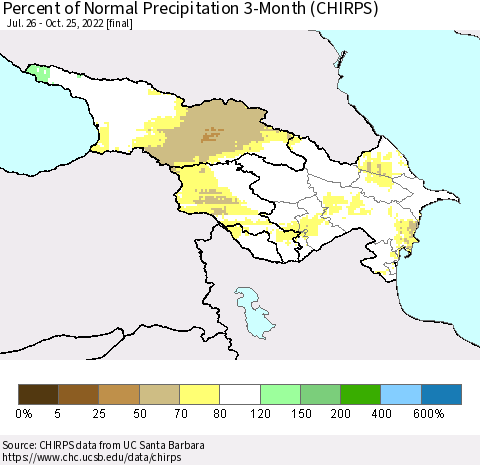 Azerbaijan, Armenia and Georgia Percent of Normal Precipitation 3-Month (CHIRPS) Thematic Map For 7/26/2022 - 10/25/2022