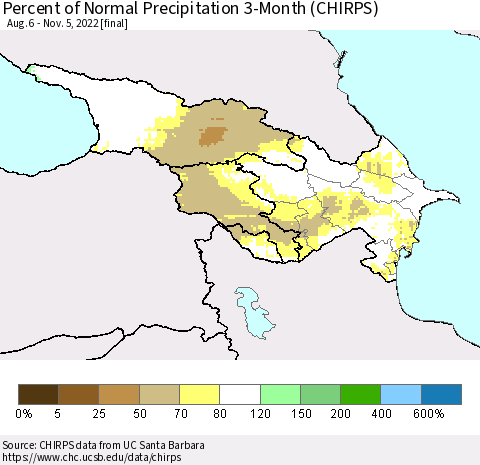 Azerbaijan, Armenia and Georgia Percent of Normal Precipitation 3-Month (CHIRPS) Thematic Map For 8/6/2022 - 11/5/2022