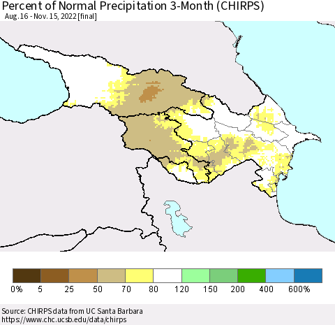 Azerbaijan, Armenia and Georgia Percent of Normal Precipitation 3-Month (CHIRPS) Thematic Map For 8/16/2022 - 11/15/2022