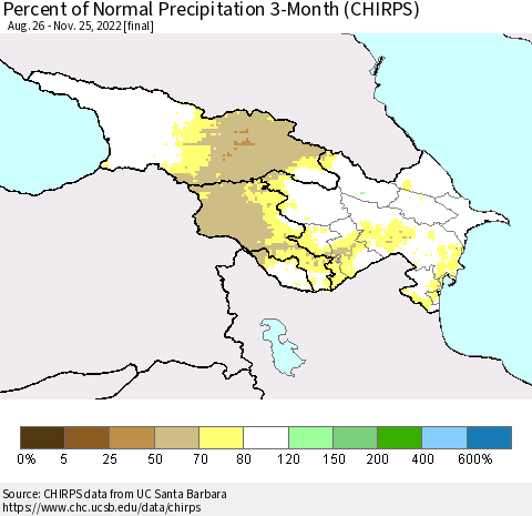 Azerbaijan, Armenia and Georgia Percent of Normal Precipitation 3-Month (CHIRPS) Thematic Map For 8/26/2022 - 11/25/2022