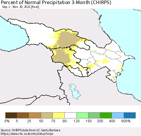 Azerbaijan, Armenia and Georgia Percent of Normal Precipitation 3-Month (CHIRPS) Thematic Map For 9/1/2022 - 11/30/2022
