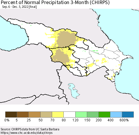 Azerbaijan, Armenia and Georgia Percent of Normal Precipitation 3-Month (CHIRPS) Thematic Map For 9/6/2022 - 12/5/2022