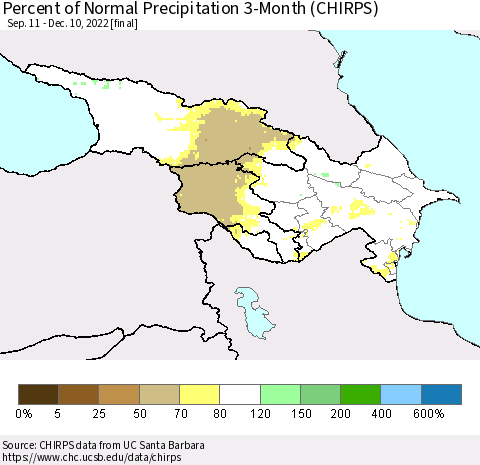 Azerbaijan, Armenia and Georgia Percent of Normal Precipitation 3-Month (CHIRPS) Thematic Map For 9/11/2022 - 12/10/2022
