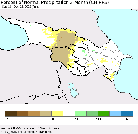 Azerbaijan, Armenia and Georgia Percent of Normal Precipitation 3-Month (CHIRPS) Thematic Map For 9/16/2022 - 12/15/2022