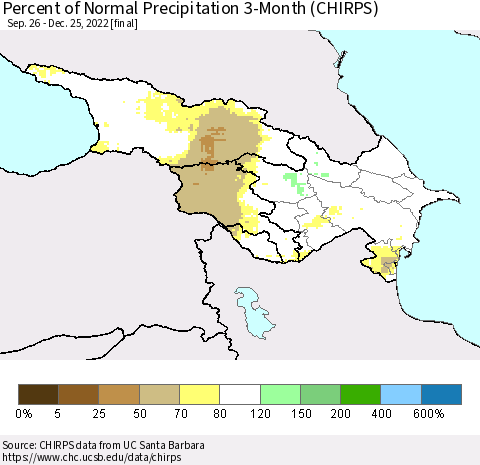 Azerbaijan, Armenia and Georgia Percent of Normal Precipitation 3-Month (CHIRPS) Thematic Map For 9/26/2022 - 12/25/2022