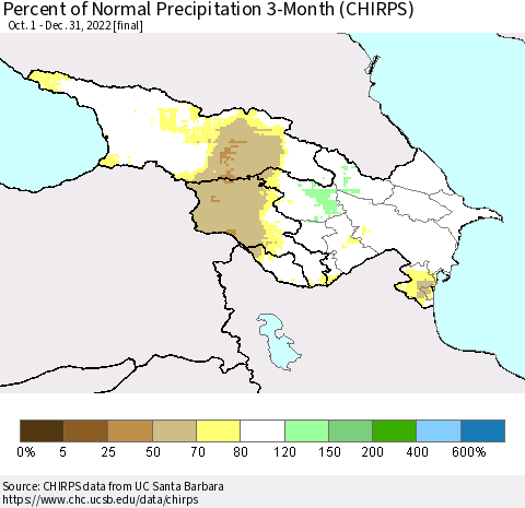 Azerbaijan, Armenia and Georgia Percent of Normal Precipitation 3-Month (CHIRPS) Thematic Map For 10/1/2022 - 12/31/2022