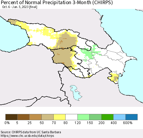 Azerbaijan, Armenia and Georgia Percent of Normal Precipitation 3-Month (CHIRPS) Thematic Map For 10/6/2022 - 1/5/2023