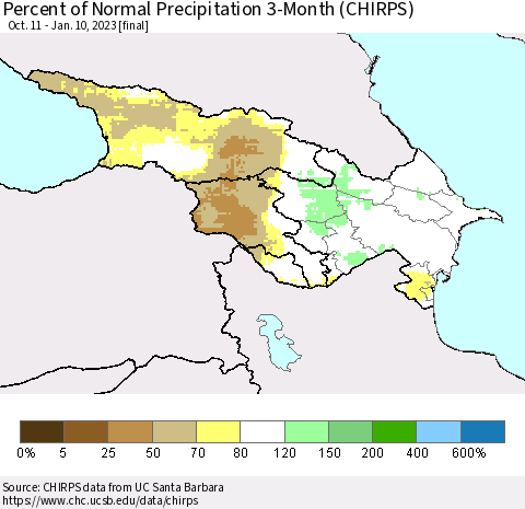 Azerbaijan, Armenia and Georgia Percent of Normal Precipitation 3-Month (CHIRPS) Thematic Map For 10/11/2022 - 1/10/2023