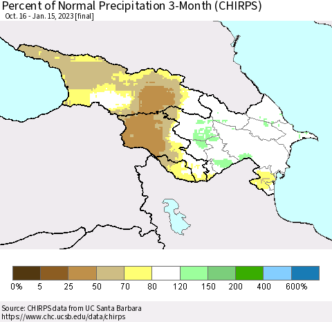 Azerbaijan, Armenia and Georgia Percent of Normal Precipitation 3-Month (CHIRPS) Thematic Map For 10/16/2022 - 1/15/2023