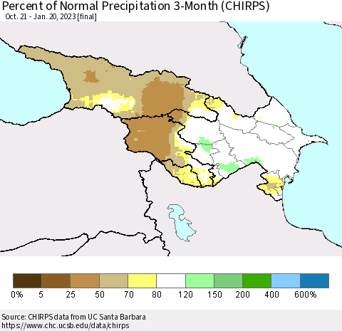 Azerbaijan, Armenia and Georgia Percent of Normal Precipitation 3-Month (CHIRPS) Thematic Map For 10/21/2022 - 1/20/2023