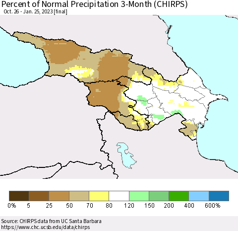 Azerbaijan, Armenia and Georgia Percent of Normal Precipitation 3-Month (CHIRPS) Thematic Map For 10/26/2022 - 1/25/2023