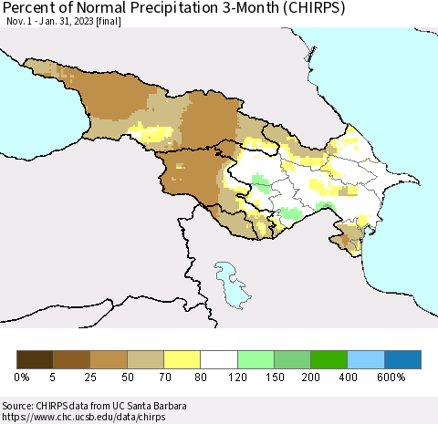 Azerbaijan, Armenia and Georgia Percent of Normal Precipitation 3-Month (CHIRPS) Thematic Map For 11/1/2022 - 1/31/2023