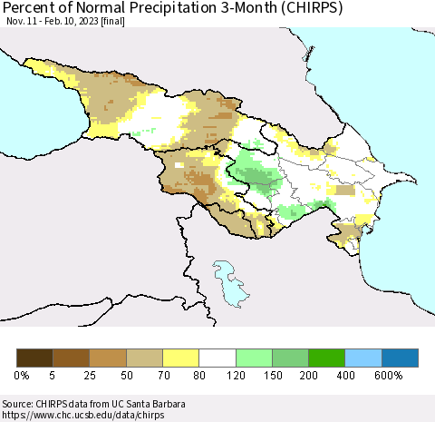 Azerbaijan, Armenia and Georgia Percent of Normal Precipitation 3-Month (CHIRPS) Thematic Map For 11/11/2022 - 2/10/2023