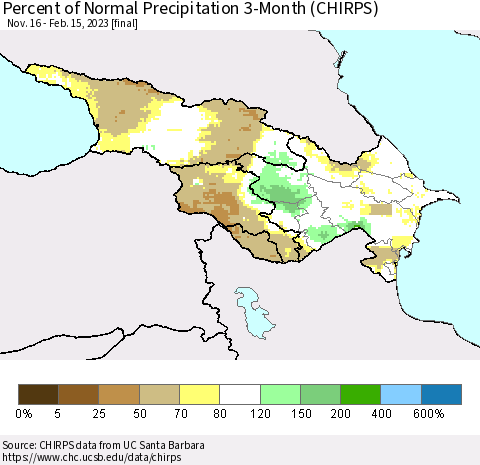 Azerbaijan, Armenia and Georgia Percent of Normal Precipitation 3-Month (CHIRPS) Thematic Map For 11/16/2022 - 2/15/2023