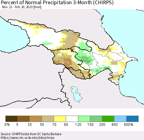 Azerbaijan, Armenia and Georgia Percent of Normal Precipitation 3-Month (CHIRPS) Thematic Map For 11/21/2022 - 2/20/2023