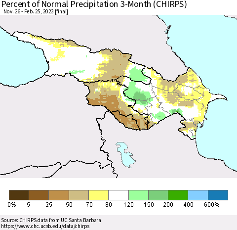 Azerbaijan, Armenia and Georgia Percent of Normal Precipitation 3-Month (CHIRPS) Thematic Map For 11/26/2022 - 2/25/2023