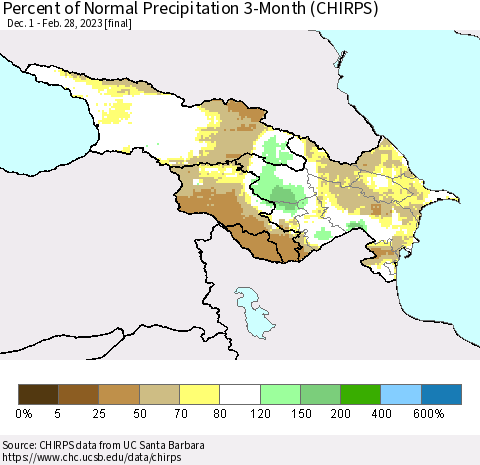 Azerbaijan, Armenia and Georgia Percent of Normal Precipitation 3-Month (CHIRPS) Thematic Map For 12/1/2022 - 2/28/2023