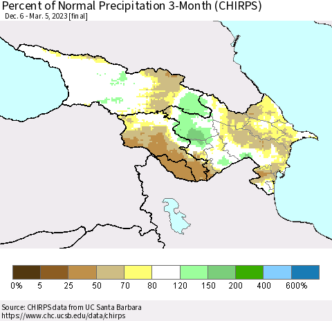 Azerbaijan, Armenia and Georgia Percent of Normal Precipitation 3-Month (CHIRPS) Thematic Map For 12/6/2022 - 3/5/2023