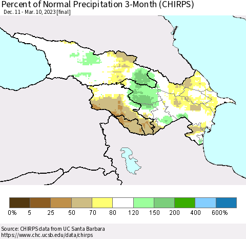 Azerbaijan, Armenia and Georgia Percent of Normal Precipitation 3-Month (CHIRPS) Thematic Map For 12/11/2022 - 3/10/2023