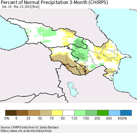 Azerbaijan, Armenia and Georgia Percent of Normal Precipitation 3-Month (CHIRPS) Thematic Map For 12/16/2022 - 3/15/2023