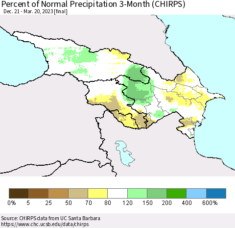 Azerbaijan, Armenia and Georgia Percent of Normal Precipitation 3-Month (CHIRPS) Thematic Map For 12/21/2022 - 3/20/2023