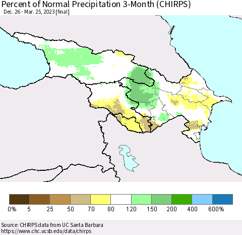 Azerbaijan, Armenia and Georgia Percent of Normal Precipitation 3-Month (CHIRPS) Thematic Map For 12/26/2022 - 3/25/2023