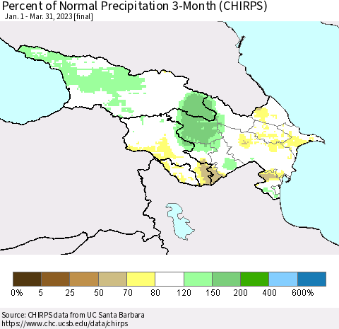Azerbaijan, Armenia and Georgia Percent of Normal Precipitation 3-Month (CHIRPS) Thematic Map For 1/1/2023 - 3/31/2023