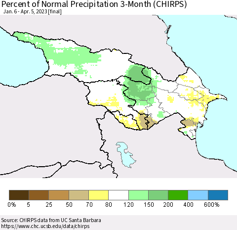 Azerbaijan, Armenia and Georgia Percent of Normal Precipitation 3-Month (CHIRPS) Thematic Map For 1/6/2023 - 4/5/2023
