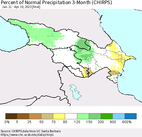 Azerbaijan, Armenia and Georgia Percent of Normal Precipitation 3-Month (CHIRPS) Thematic Map For 1/11/2023 - 4/10/2023