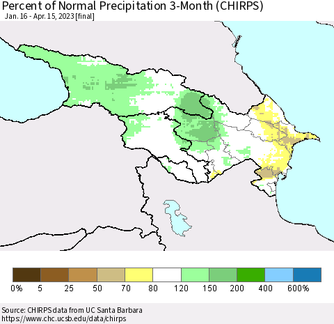 Azerbaijan, Armenia and Georgia Percent of Normal Precipitation 3-Month (CHIRPS) Thematic Map For 1/16/2023 - 4/15/2023