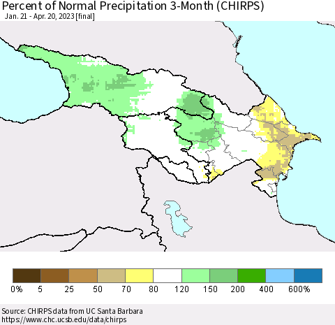 Azerbaijan, Armenia and Georgia Percent of Normal Precipitation 3-Month (CHIRPS) Thematic Map For 1/21/2023 - 4/20/2023