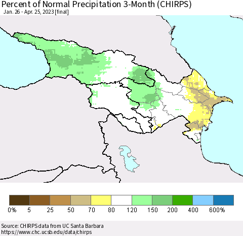 Azerbaijan, Armenia and Georgia Percent of Normal Precipitation 3-Month (CHIRPS) Thematic Map For 1/26/2023 - 4/25/2023