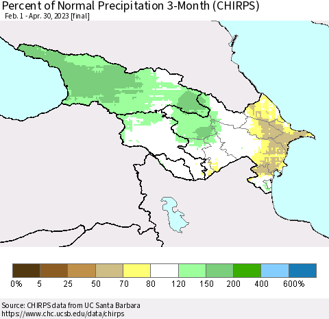 Azerbaijan, Armenia and Georgia Percent of Normal Precipitation 3-Month (CHIRPS) Thematic Map For 2/1/2023 - 4/30/2023
