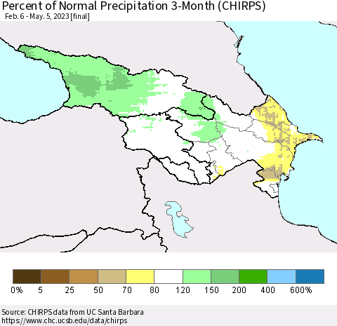 Azerbaijan, Armenia and Georgia Percent of Normal Precipitation 3-Month (CHIRPS) Thematic Map For 2/6/2023 - 5/5/2023