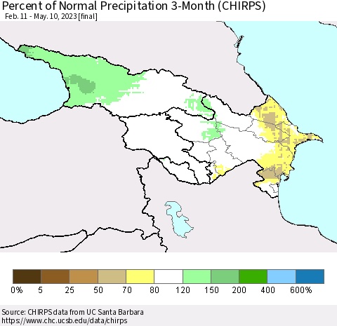 Azerbaijan, Armenia and Georgia Percent of Normal Precipitation 3-Month (CHIRPS) Thematic Map For 2/11/2023 - 5/10/2023