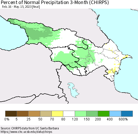 Azerbaijan, Armenia and Georgia Percent of Normal Precipitation 3-Month (CHIRPS) Thematic Map For 2/16/2023 - 5/15/2023