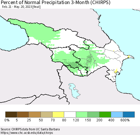 Azerbaijan, Armenia and Georgia Percent of Normal Precipitation 3-Month (CHIRPS) Thematic Map For 2/21/2023 - 5/20/2023