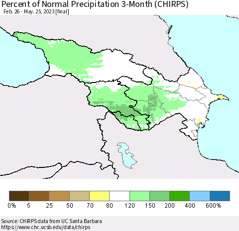 Azerbaijan, Armenia and Georgia Percent of Normal Precipitation 3-Month (CHIRPS) Thematic Map For 2/26/2023 - 5/25/2023