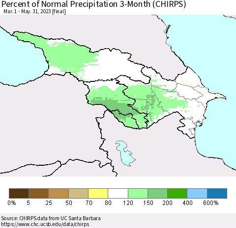 Azerbaijan, Armenia and Georgia Percent of Normal Precipitation 3-Month (CHIRPS) Thematic Map For 3/1/2023 - 5/31/2023