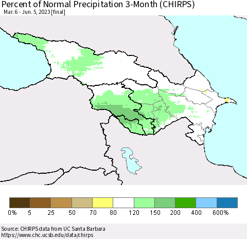 Azerbaijan, Armenia and Georgia Percent of Normal Precipitation 3-Month (CHIRPS) Thematic Map For 3/6/2023 - 6/5/2023